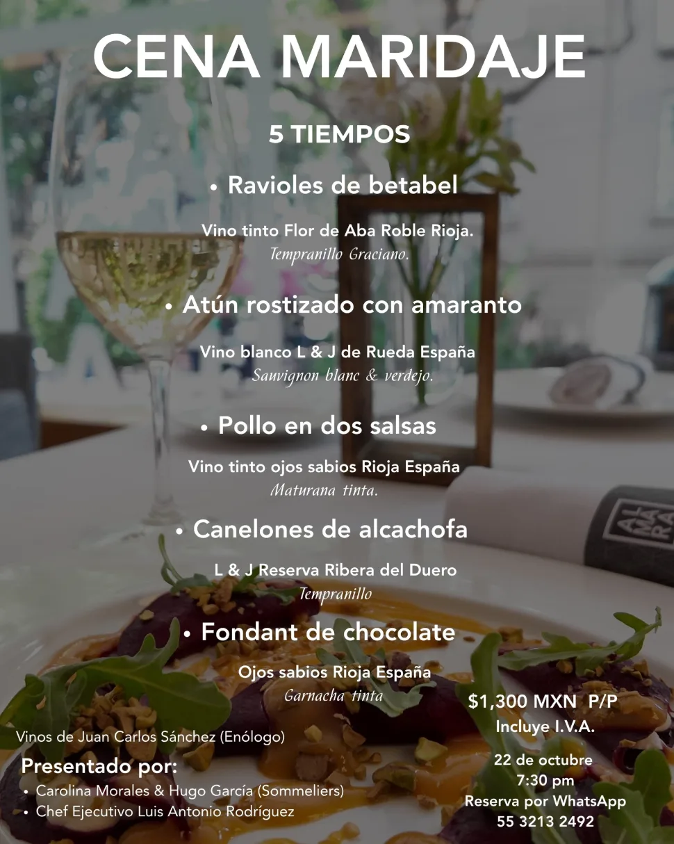 Cartel de la cena maridaje de cinco tiempos publicado por Almara