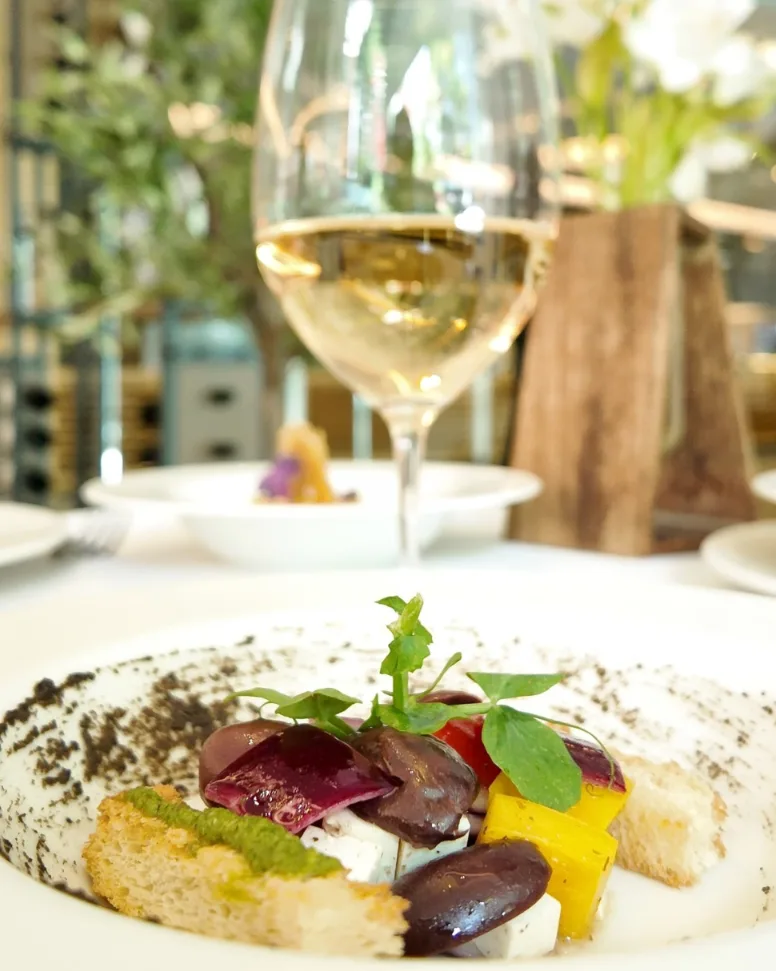 Plato de la experiencia vegetal con copa de vino blanco